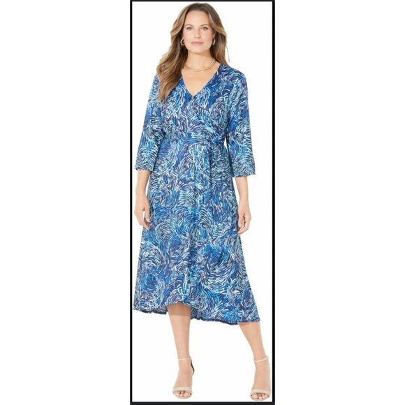 Catherines Wrap Midi Dress 1X XL A Line 3/4 Sleeves V Neck Geometric Print - Picture 1 of 10